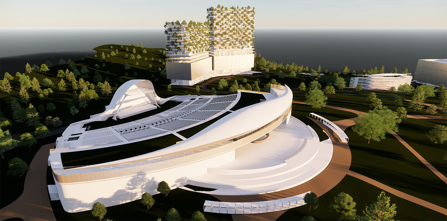 VCA full site rendering, amphitheater, residential towers, driving range